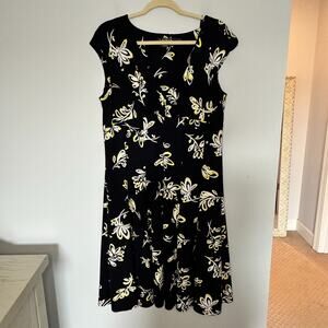 Lauren Ralph Lauren Floral Jersey Dress Size 16 Empire Waist Stretch Navy Yellow